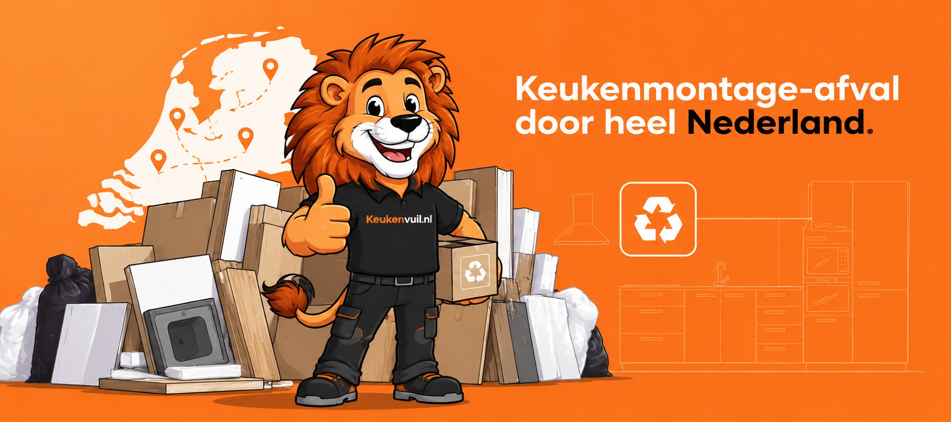 De Keukenvuil leeuw steekt zijn duim op voor een berg keukenverpakkingen, met de tekst: keukenmontage afval door heel Nederland